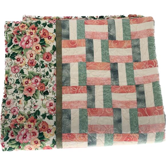 Handmade Quilted Throw Blanket Cotton Peach Color Floral Rail Fence Weave Design - Picture 6 of 14